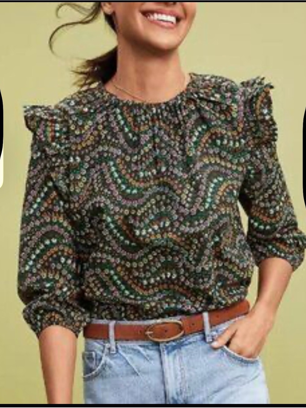 LOFT Black Floral Puff-Sleeve Blouse size SP